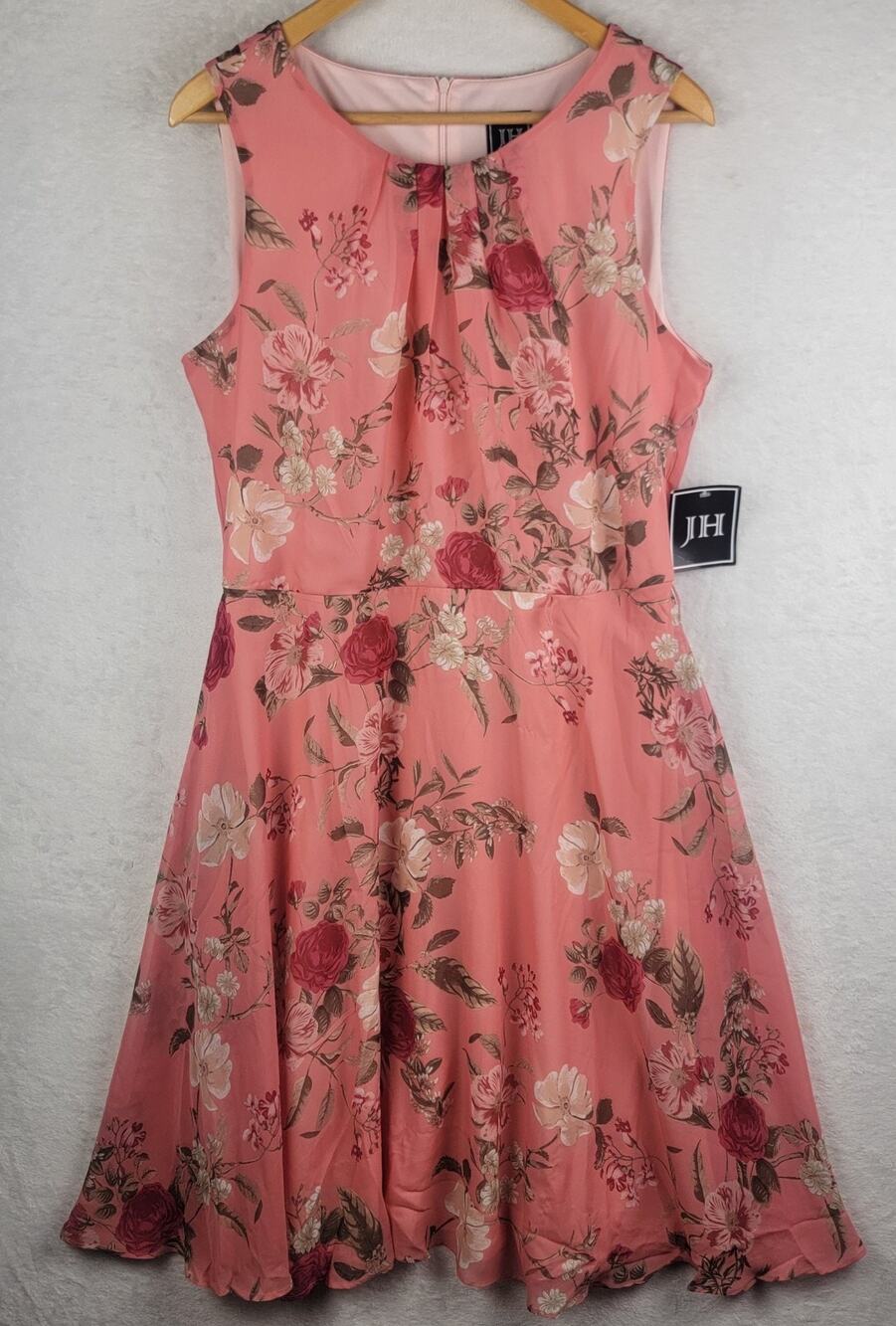 Cottagecore Dress Women 16 Fit Flare Sleeveless Zip Coral Colorful Floral Career